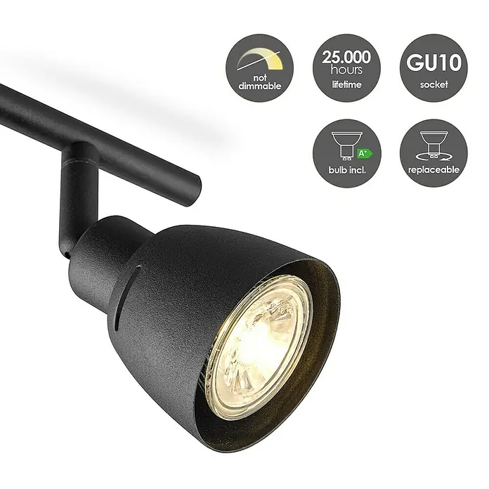 Home Sweet Home LED-Deckenstrahler Aka - 5 W, L x B x H: 9,5 x 80,5 x 16,5 cm, Schwarz, Warmweiß - Produktbild einer schwarzen GU10-Lampe. Das Licht ist nicht dimmbar und hat eine Lebensdauer von 25.000 Stunden, die Birne ist austauschbar.