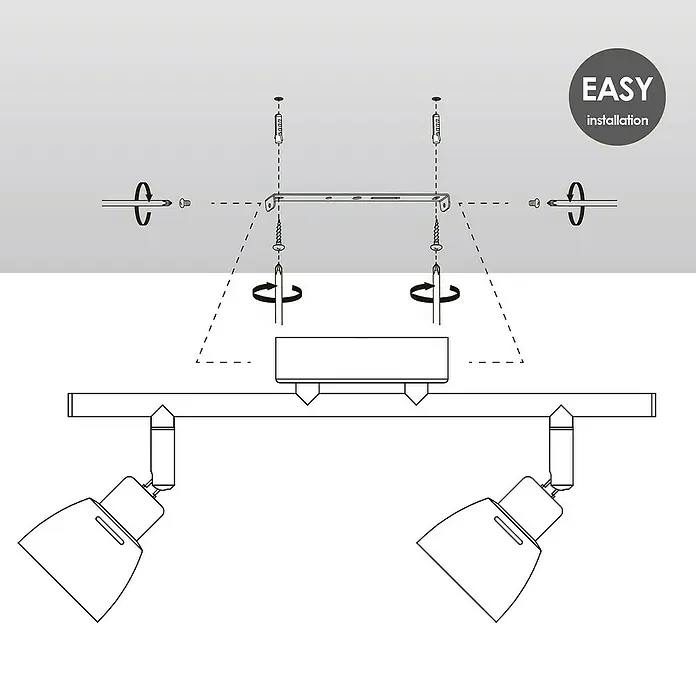 Home Sweet Home LED-Deckenstrahler Aka - 5,8 W, L x B x H: 9,5 x 32,5 x 16,5 cm, Schwarz, Warmweiß - Eine schematische Darstellung der Installation einer Deckenleuchte mit zwei Strahlern, die eine einfache Montage demonstriert.