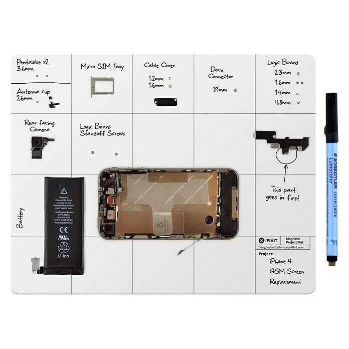 iFixit Unterlagsmatte Magnetic ProjektL x B x H: 25,4 x 20 x 0,3 cm, Geeignet für: Smartphones Front View