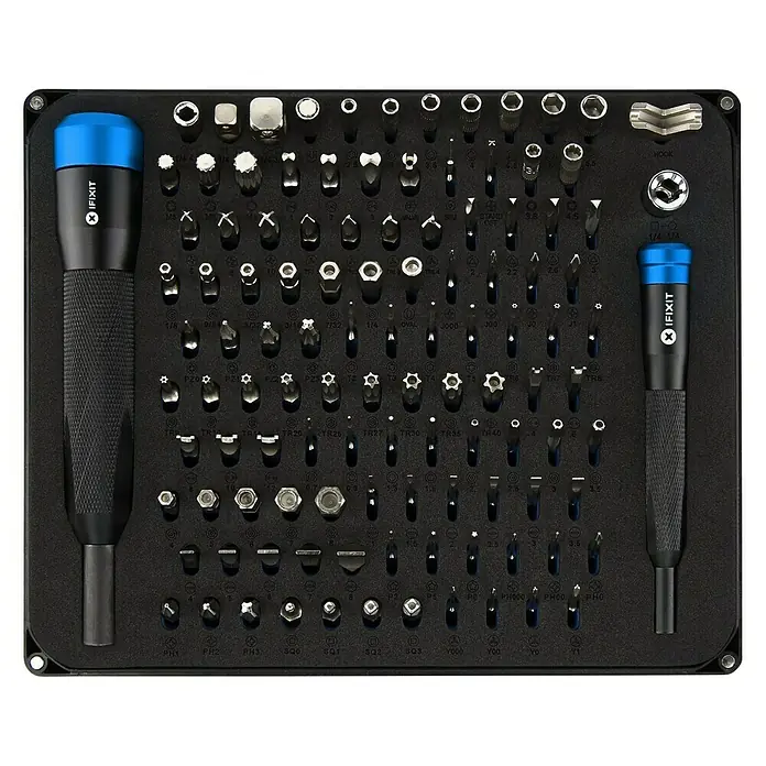 iFixit Set de puntas Manta - Apto para: Smartphones - El kit de herramientas iFixit con varias puntas de destornillador y mangos ordenados en una caja de almacenamiento.
