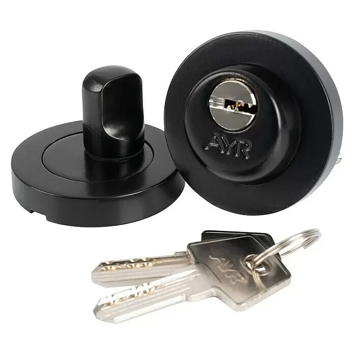 AYR Close Pestillo con bloqueo 103-50 CM - Negro Mate, Grosor de la puerta: 45 mm, 2 pzs. - Cerradura de cilindro negra con pomo giratorio y ojo de cerradura, con dos llaves plateadas.