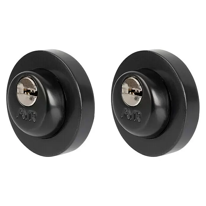 AYR Close Pestillo con bloqueo 103-50 CC - Diámetro exterior: 51,5 mm, Número de llaves: 2 ud. - Dos bombines de puerta negros con cerraduras plateadas y logo 'AYR', para un cierre seguro.
