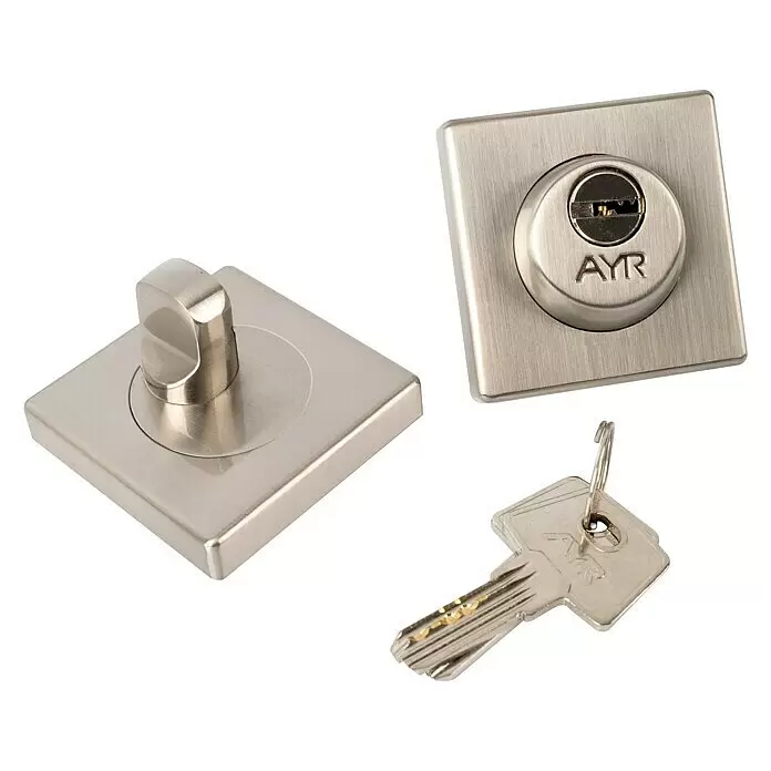 AYR Close Pestillo con bloqueo 103-66 CM - An x Al: 55 x 55 mm, Número de llaves: 2 ud. - Juego de cerradura de puerta cromo satinado con rosetas cuadradas, pomo giratorio, cilindro y llave a juego.