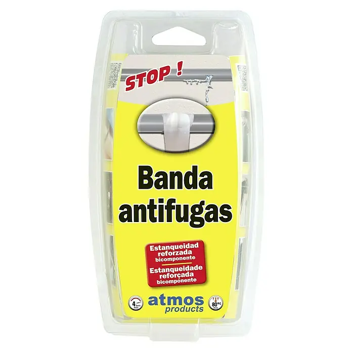 Atmos Cinta de reparación antifugas reforzada - Tuberías de desagüe - Embalaje de la cinta antifugas de Atmos Products, una cinta de sellado bicomponente reforzada para fugas.