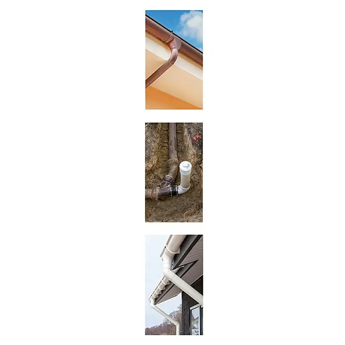Atmos Cinta de reparación antifugas reforzada - Tuberías de desagüe - Imagen de canaletas en diversos entornos. Centrado en los sistemas de drenaje de agua pluvial e instalaciones.