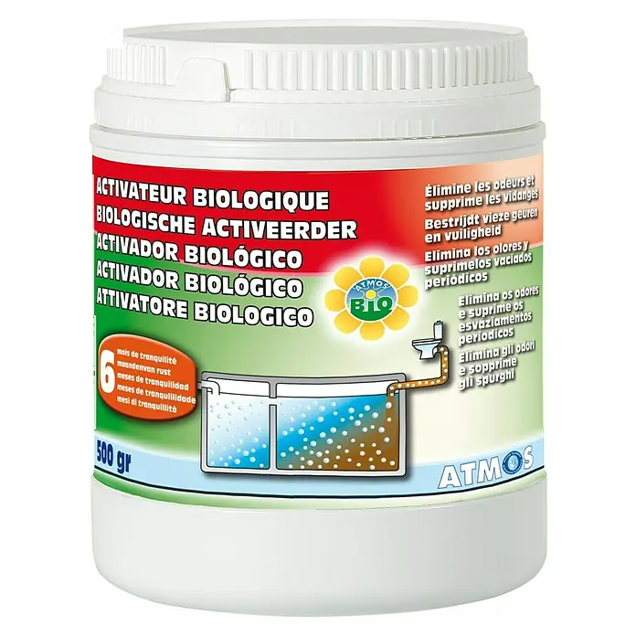 Atmos Activador Biofosa para fosa séptica - 500 g - Imagen de un recipiente con activador biológico ATMOS, diseñado para eliminar olores y limpiar fosas sépticas.