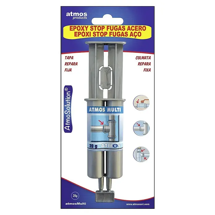 Atmos Compuesto epoxi para reparaciones de tuberías Stop fugas acero - 28 g - Imagen del producto Atmos Multi Epoxy Stop Fugas Acero, un producto de reparación epoxi para sellar fugas.