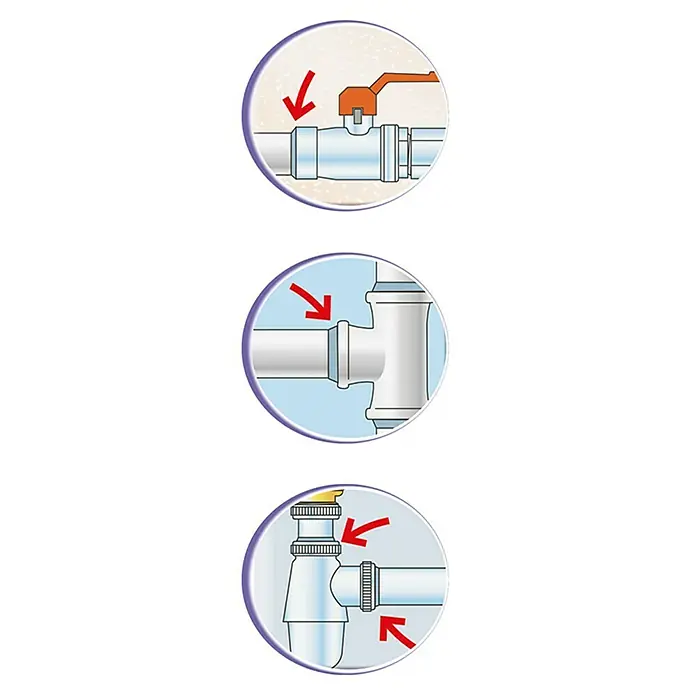 Atmos Compuesto epoxi para reparaciones de tuberías Stop fugas acero - 28 g - Tres ilustraciones de conexiones de tuberías en círculos, que muestran diferentes tipos de instalaciones y conexiones, marcadas con flechas rojas.