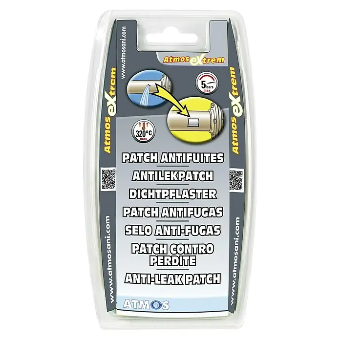 Atmos Parche antifuga Atmosextrem - 5 x 8 cm - Embalaje de un parche antifugas Atmos Extrem, apto para reparaciones hasta 320°C y 5 bares de presión, con información del producto e ilustraciones.