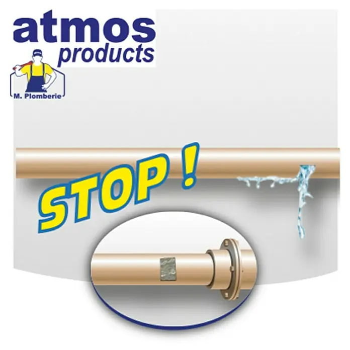 Atmos Parche antifuga Atmosextrem - 5 x 8 cm - Productos Atmos: La imagen muestra una tubería con una fuga, detenida con un producto Atmos, enfatizado por la leyenda "¡STOP!".