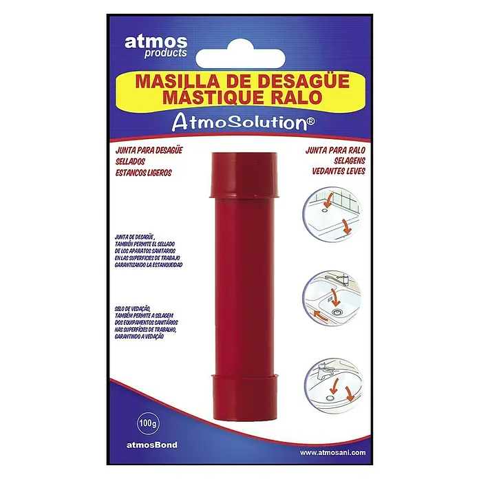 Atmos Masilla para sellado de sumideros - 100 g - Un cartucho de sellador rojo AtmosSolution para desagües y sifones, garantizando un sellado duradero e impermeable.