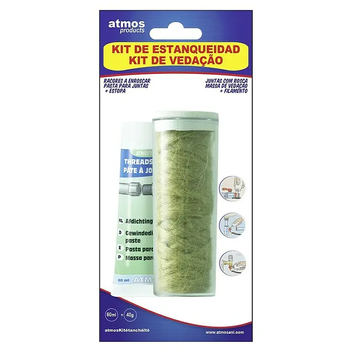 Atmos Junta de estanqueidad Kit - 2 pzs. - El kit de sellado Atmos: Un conjunto completo con hilos de sellado y pasta para conexiones de tuberías ajustadas. Sellado fiable para fontanería.