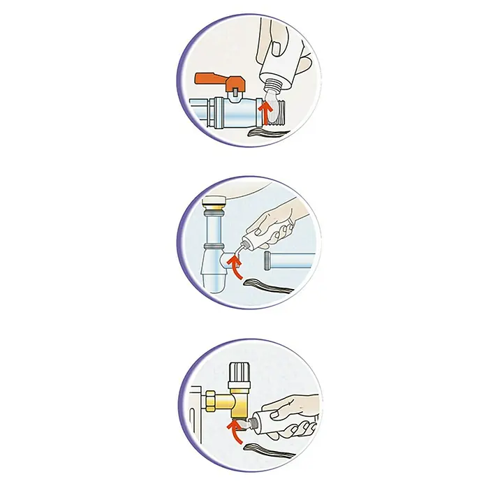 Atmos Junta de estanqueidad Kit - 2 pzs. - Ilustración que muestra la aplicación de sellador a varias instalaciones de fontanería para evitar fugas.