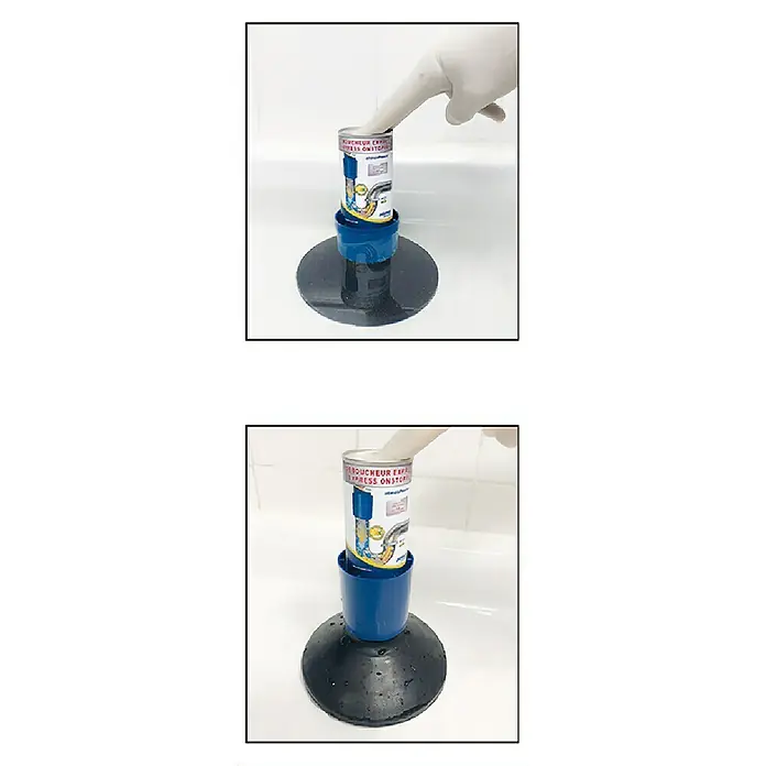 Atmos Desatascador express Atmospower Kit - Válvulas de salida, 150 ml - Mano enguantada presionando una lata de desatascador con soporte azul y desatascador negro en un fregadero.