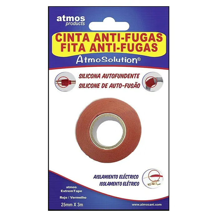 Atmos Cinta reparadora Extreme Tape - 25 mm x 3 m, Rojo - Imagen de un rollo de cinta selladora Atmos, cinta de silicona autofusionable para aislamiento eléctrico y sellado de fugas.