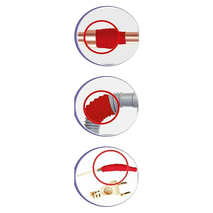 Atmos Cinta reparadora Extreme Tape - 25 mm x 3 m, Rojo - Imágenes muestran reparaciones con cinta autovulcanizante en tuberías, desagües y cables, cada uno destacado dentro de círculos.