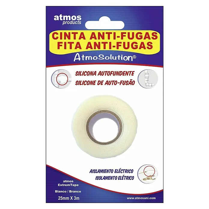 Atmos Cinta reparadora Extreme Tape - 25 mm x 3 m, Blanco - Embalaje del producto de la cinta antifugas Atmos, una cinta de silicona autofusionable para aislamiento eléctrico y sellado.