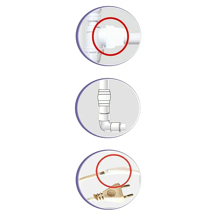 Atmos Cinta reparadora Extreme Tape - 25 mm x 3 m, Blanco - La imagen muestra detalles de tuberías y un enchufe destacados por círculos rojos, útil para instalaciónes.