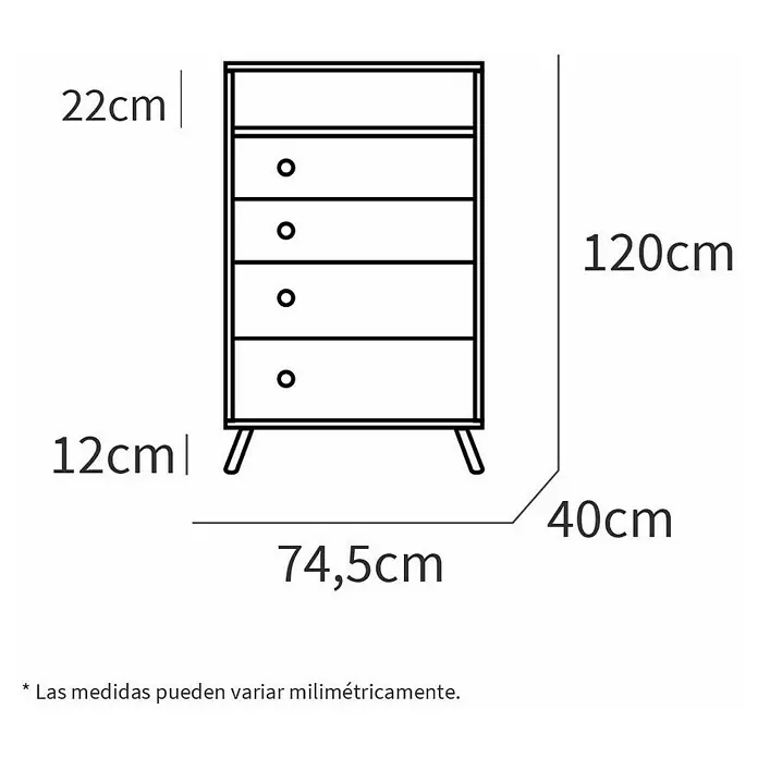 Muebles Pitarch Camila Cabecero de cama y cómoda - 2 pzs., Roble gold - Imagen de una cómoda con cajones y dimensiones: altura 120cm, ancho 74,5cm, profundidad 40cm, altura pata 12cm, borde superior 22cm.