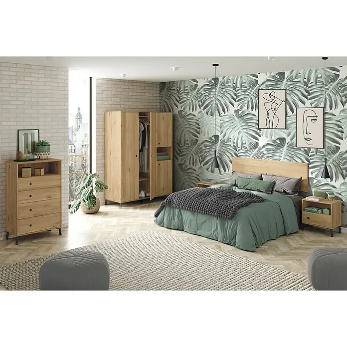 Muebles Pitarch Camila Cabecero de cama con mesita - 2 pzs., Roble gold - Dormitorio con cama de madera moderna en tonos verdes y grises, mesita de noche a juego y armario de madera.