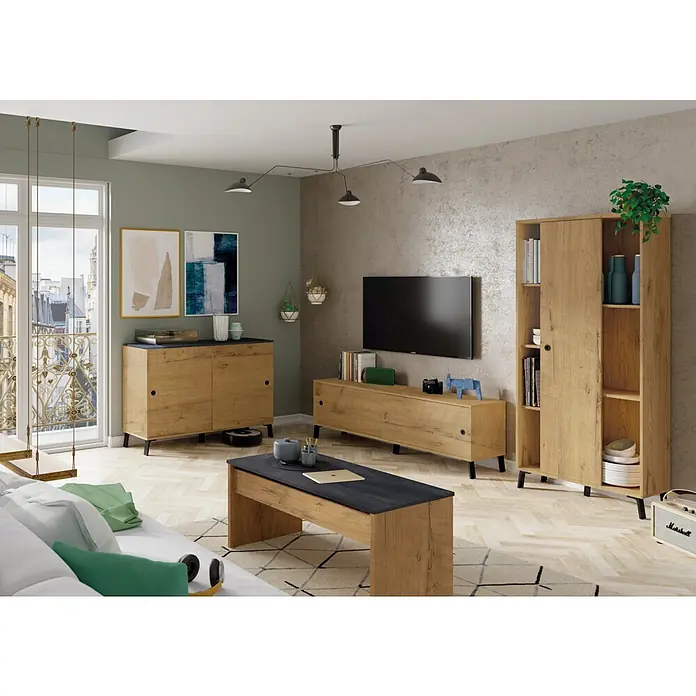 Muebles Pitarch Kamet Aparador - L x An x Al: 40 x 120 x 87 cm, Roble Gold/Negro - Salón moderno con muebles de madera, incluyendo un mueble de TV, aparador y librería, para un ambiente elegante.
