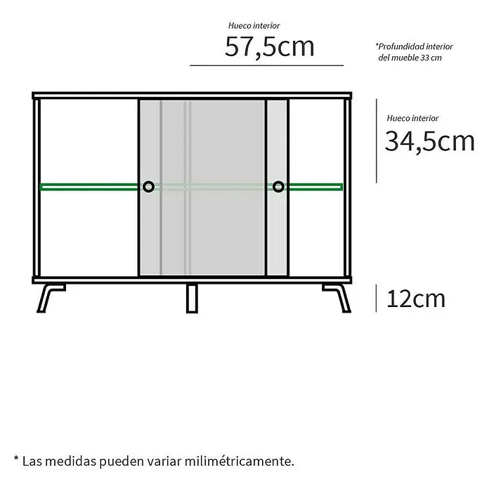 Muebles Pitarch Kamet Aparador - L x An x Al: 40 x 120 x 87 cm, Roble aurora - Diagrama de un aparador que muestra las dimensiones interiores de 57,5 cm de ancho y 34,5 cm de alto con una base de 12 cm.