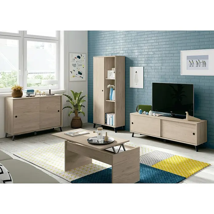 Muebles Pitarch Kamet Aparador - L x An x Al: 40 x 120 x 87 cm, Roble aurora - Un salón luminoso con una mesa de centro, un aparador y un mueble de TV de madera clara, creando un ambiente moderno y acogedor.