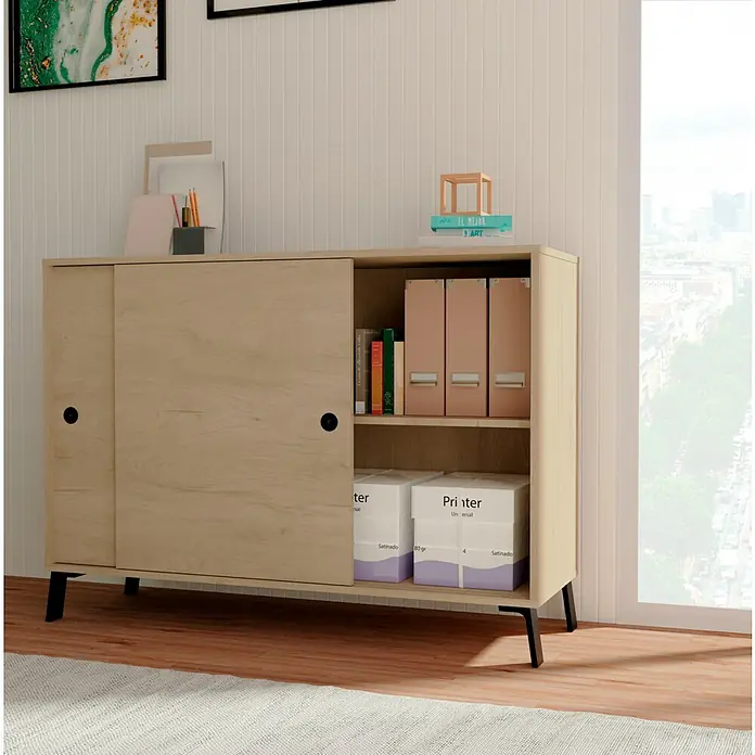 Muebles Pitarch Kamet Aparador - L x An x Al: 40 x 120 x 87 cm, Roble aurora - Armario de madera con puertas correderas, perfecto para guardar libros y documentos. Diseño elegante para oficina u hogar.