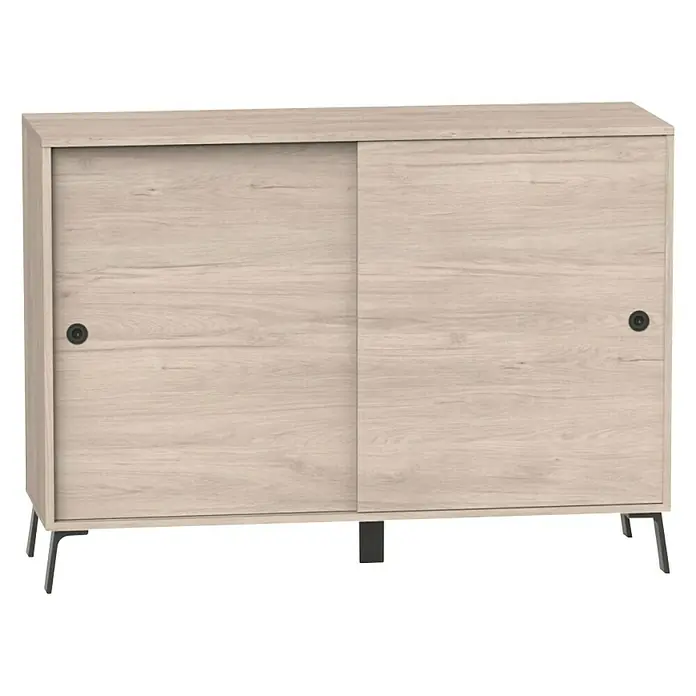 Muebles Pitarch Kamet Aparador - L x An x Al: 40 x 120 x 87 cm, Roble aurora - Imagen de un elegante armario de madera con puertas correderas y detalles en negro, ideal para espacios modernos.