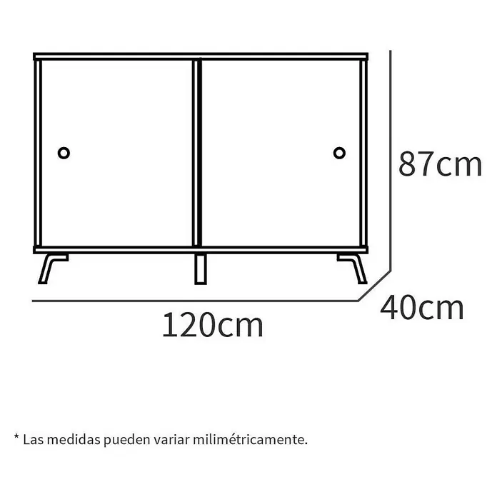 Muebles Pitarch Kamet Aparador - L x An x Al: 40 x 120 x 87 cm, Roble aurora - Esquema del mueble con dimensiones de 120cm de ancho, 87cm de alto y 40cm de fondo.