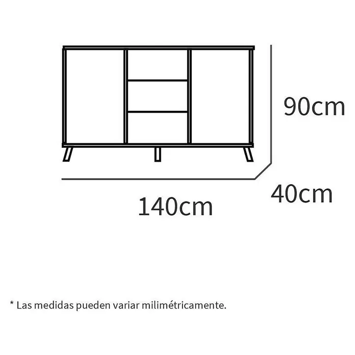 Muebles Pitarch Oslo Aparador - L x An x Al: 40 x 140 x 89 cm, Roble aurora, Número de cajones: 3 ud. - Dibujo esquemático de un aparador con dimensiones de 140 cm de ancho, 90 cm de alto y 40 cm de profundidad.