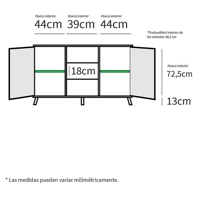 Muebles Pitarch Oslo Aparador - L x An x Al: 40 x 140 x 89 cm, Roble aurora, Número de cajones: 3 ud. - Ilustración de un aparador con dimensiones, incluyendo ancho interior (44cm, 39cm, 44cm) y alto interior (72,5cm).