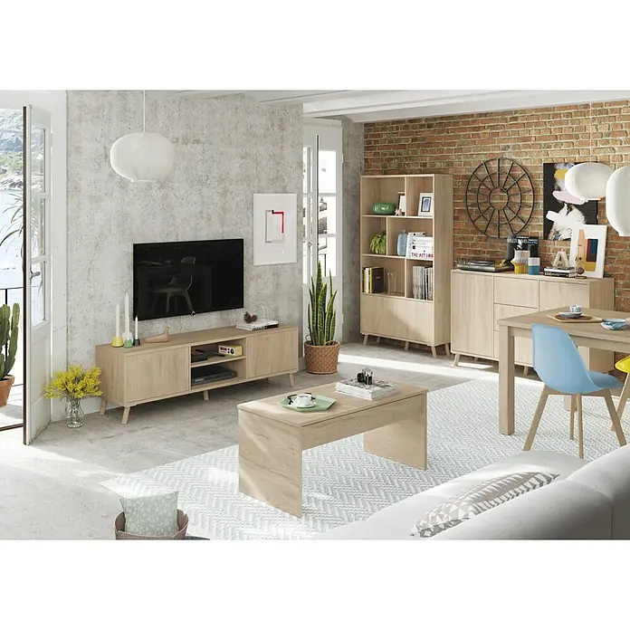Muebles Pitarch Oslo Aparador - L x An x Al: 40 x 140 x 89 cm, Roble aurora, Número de cajones: 3 ud. - Salón con muebles de TV de madera clara, estantería y mesa de centro para un espacio elegante y acogedor.