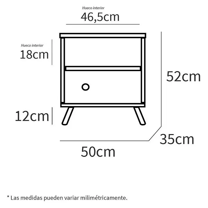 Muebles Pitarch Camila Cabecero de cama con mesita - 2 pzs., Roble gold - Ilustración de una mesita de noche con dimensiones detalladas, incluyendo altura, anchura y profundidad, para información de dimensiones del producto.