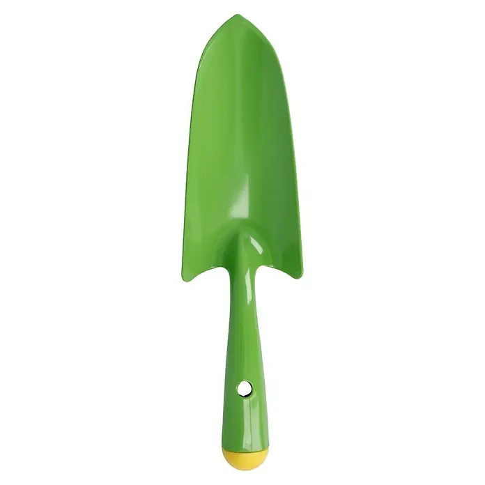 Hand-Blumenkelle - Grün - Eine Nahaufnahme eines hellgrünen Garten Spatens mit gelbem Griff. Perfekt für kleine Gartenarbeiten und Pflanzungen.