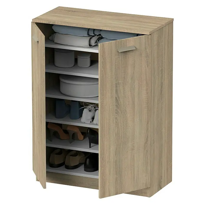 Muebles Pitarch Armario multiusos de madera - L x An x Al: 36 x 74 x 101 cm, Roble - La imagen muestra un zapatero de madera con múltiples estantes, llenos de zapatos, cajas y ropa. La puerta del armario está abierta.