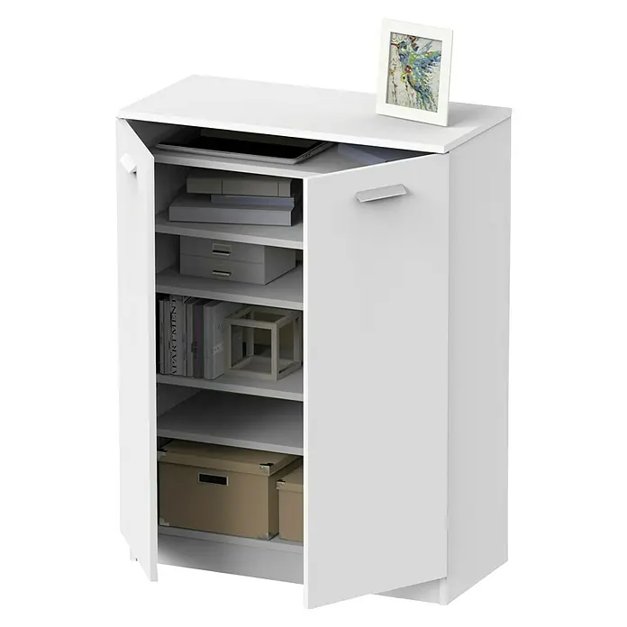 Muebles Pitarch Armario multiusos de madera - L x An x Al: 36 x 74 x 101 cm, Blanco - Un zapatero blanco con una puerta abierta que revela múltiples estantes y objetos, con un marco de fotos encima.