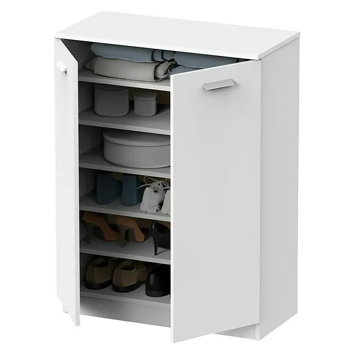 Muebles Pitarch Armario multiusos de madera - L x An x Al: 36 x 74 x 101 cm, Blanco - Un zapatero blanco con múltiples estantes y una puerta parcialmente abierta, utilizado para guardar zapatos y otros artículos.