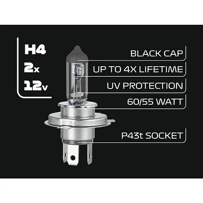 Formula 1® Hauptscheinwerfer-Lampen CL430 - H4, 2 Stk. - Abbildung einer H4-Halogenlampe mit schwarzer Kappe, 2x längere Lebensdauer, 12V, UV-Schutz, 60/55 Watt und P43t-Sockel.