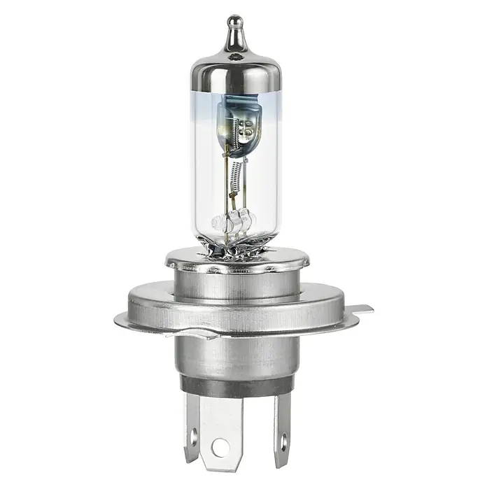 Formula 1® Hauptscheinwerfer-Lampen CL470 - H4, 2 Stk. - Nahaufnahme einer H4-Halogenlampe für Autos mit klarem Glas und Metallsockel für Scheinwerfer.