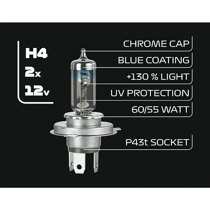 Formula 1® Hauptscheinwerfer-Lampen CL470 - H4, 2 Stk. - Das Bild zeigt eine H4-Halogenlampe mit Chromkappe, blauer Beschichtung und UV-Schutz, die 130 % mehr Licht und eine Leistung von 60/55 Watt bietet.