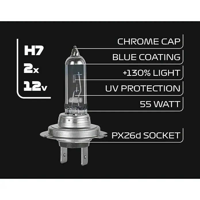 Formula 1® Hauptscheinwerfer-Lampen CL770 - H7, 2 Stk. - Produktbild einer H7 12V 55W Halogenlampe mit Chromkappe, blauer Beschichtung, UV-Schutz und PX26d Sockel für verbesserte Lichtleistung.