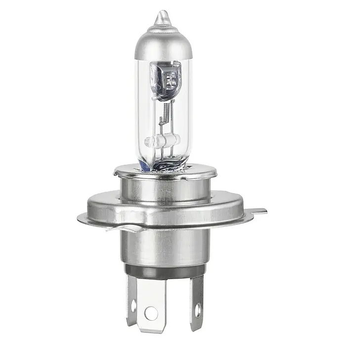 Formula 1® Hauptscheinwerfer-Lampen CL450 - H4, 2 Stk. - Nahaufnahme einer H4-Halogenlampe, einem typischen Autoteil mit Glaskolben, Wolframdraht und Metallfuß.