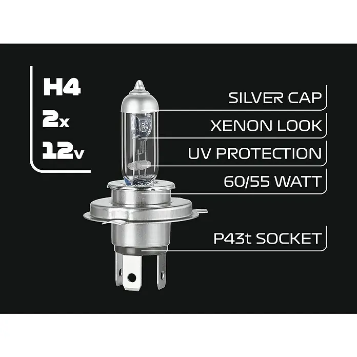 Formula 1® Hauptscheinwerfer-Lampen CL450 - H4, 2 Stk. - H4-Halogenlampe mit Silberkappe, Xenon-Optik, UV-Schutz, 60/55 Watt und P43t-Sockel für verbesserte Sicht und Sicherheit beim Fahren.