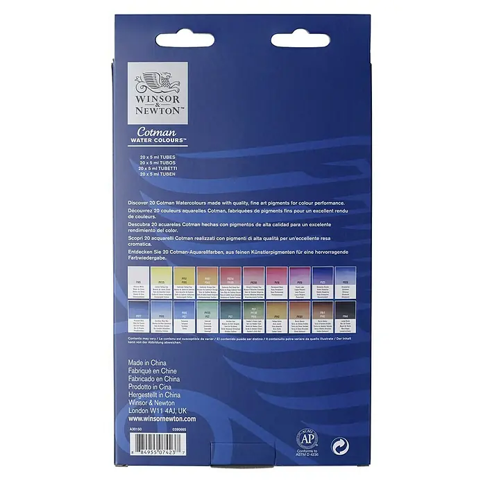 Winsor & Newton Cotman Aquarellfarben-Set - 20 Stk. x 5 ml, Tube - Rückseite der Cotman Watercolour Farben von Winsor & Newton, mit Informationen über die Farben und Herstellungsort.