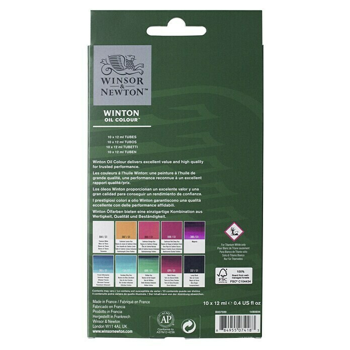 Winsor & Newton Winton Ölfarben-Set10 Stk. x 12 ml, Tube Back View