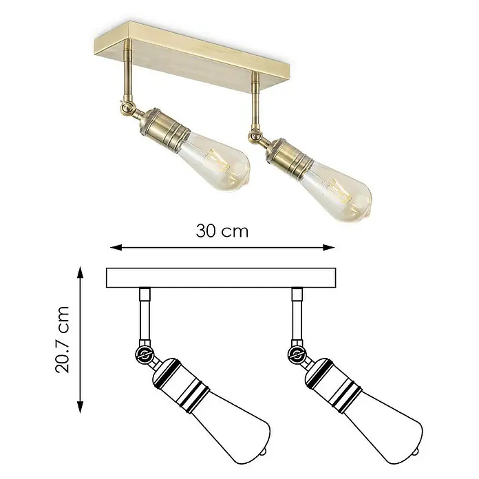 Home Sweet Home LED-Deckenleuchte Spy - 6 W, L x B x H: 30 x 9,5 x 20,5 cm, Gold, Warmweiß, 2 Stk. - Abbildung einer messingfarbenen Deckenleuchte mit zwei Edison-Glühbirnen und Maßangaben für Breite und Höhe.