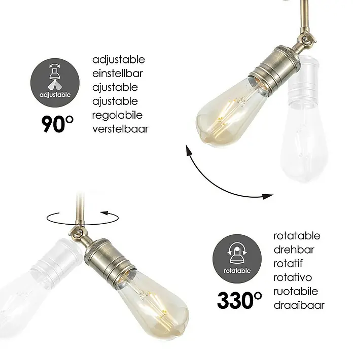 Home Sweet Home LED-Deckenleuchte Spy - 6 W, L x B x H: 30 x 9,5 x 20,5 cm, Gold, Warmweiß, 2 Stk. - Verstellbare Wandleuchte mit Vintage-Glühbirne, um 90° verstellbar und um 330° drehbar für eine optimale Ausrichtung des Lichts.