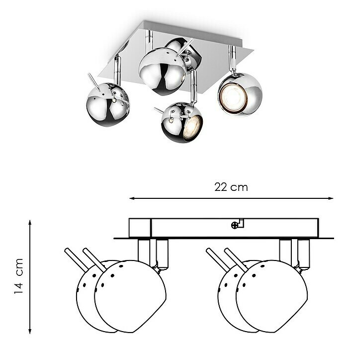 Home Sweet Home LED-Deckenstrahler Bollo (5,8 W, L x B x H: 22 x 22 x 14 cm, Chrom, Warmweiß, 4 Stk.) | BAUHAUS