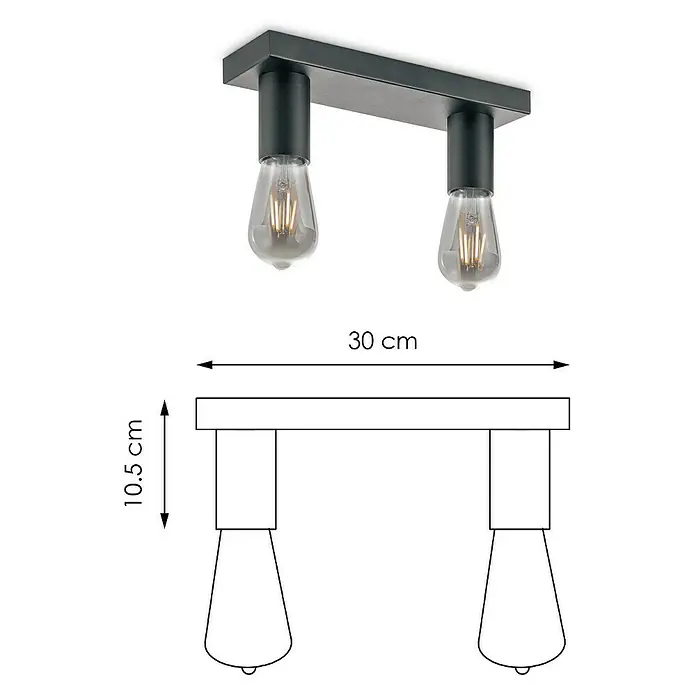 Home Sweet Home LED-Deckenleuchte Nitro - 4 W, L x B x H: 30 x 9,5 x 10,5 cm, Schwarz, Warmweiß, 2 Stk. - Bild einer modernen Deckenleuchte mit zwei Edison-Glühbirnen und den Maßen 30 cm Länge und 10,5 cm Höhe.